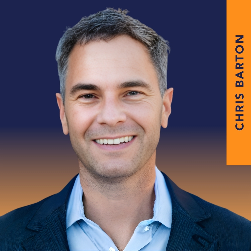 Smiling man in a suit jacket and light blue shirt in front of a gradient blue-orange background with the name "Chris Barton" vertically on the right.