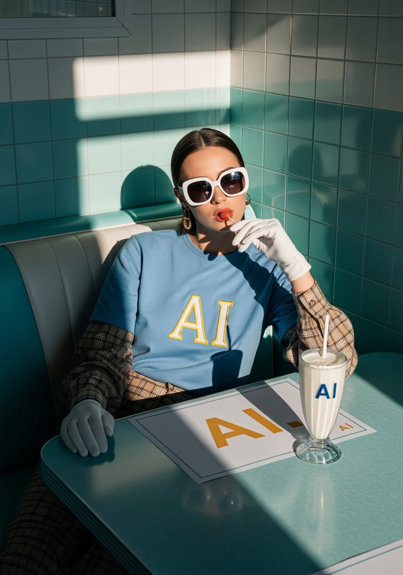 A person wearing sunglasses and gloves sits at a retro diner booth with a milkshake and placemat labeled "AI," dressed in a shirt with "AI" on the front.