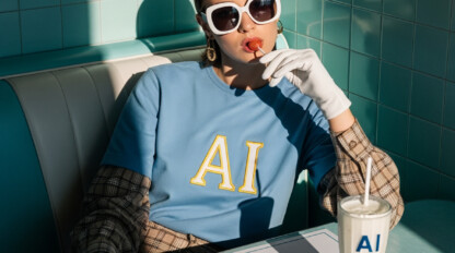 A person wearing sunglasses and gloves sits at a retro diner booth with a milkshake and placemat labeled "AI," dressed in a shirt with "AI" on the front.