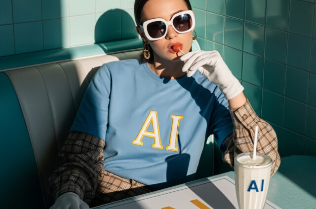 A person wearing sunglasses and gloves sits at a retro diner booth with a milkshake and placemat labeled "AI," dressed in a shirt with "AI" on the front.