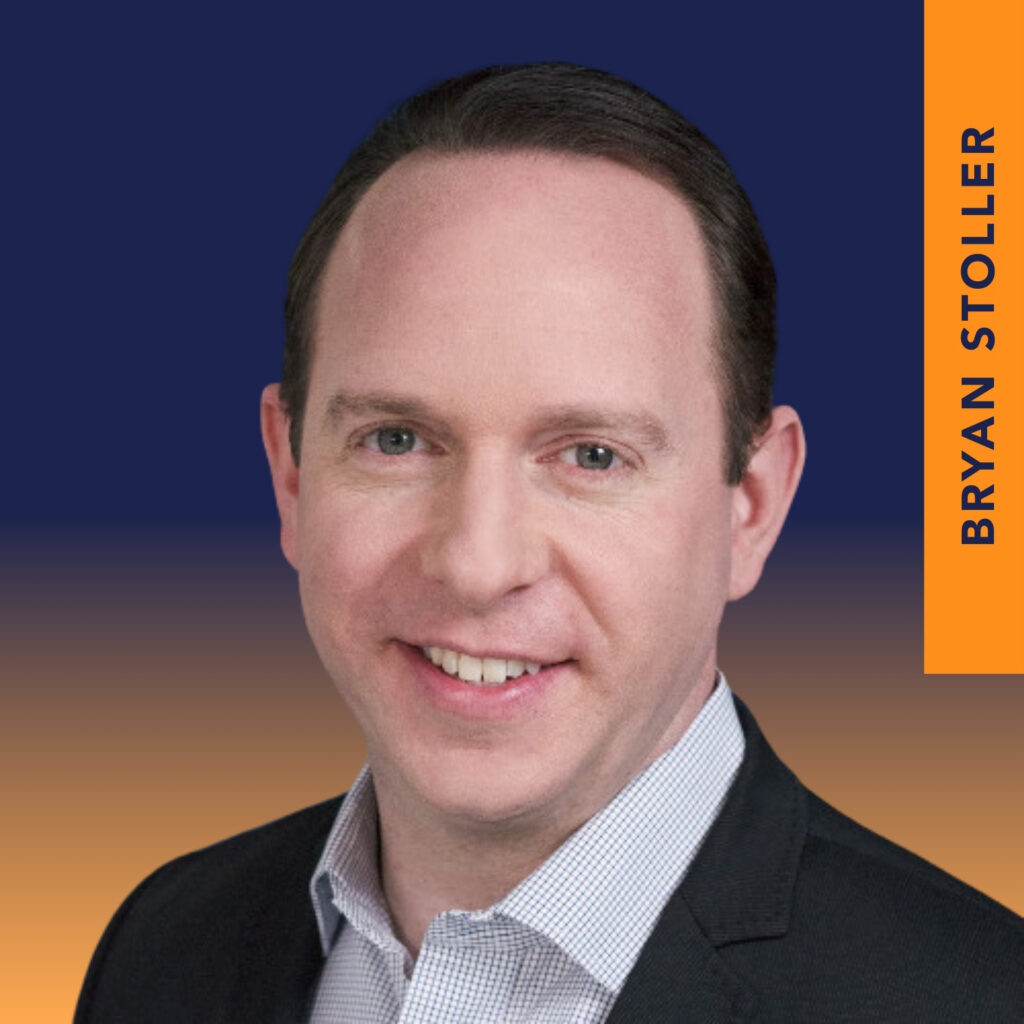 A man in a suit and collared shirt smiles at the camera. The background is blue and orange gradient with the name "Bryan Stoller" written vertically on the right.