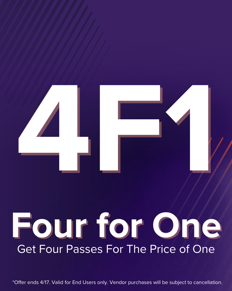 Promotional graphic with large text "4F1" and smaller text "Four for One. Get Four Passes For The Price of One." Offer ends 4/17. Purple background.