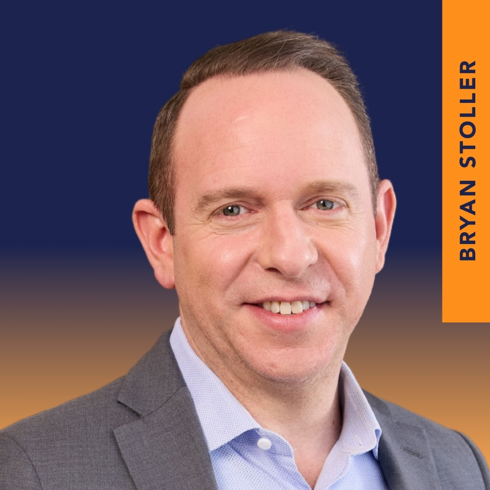 A man in a gray suit and light blue shirt smiles at the camera. The background is blue and orange with the name "Bryan Stoller" written vertically on the right.