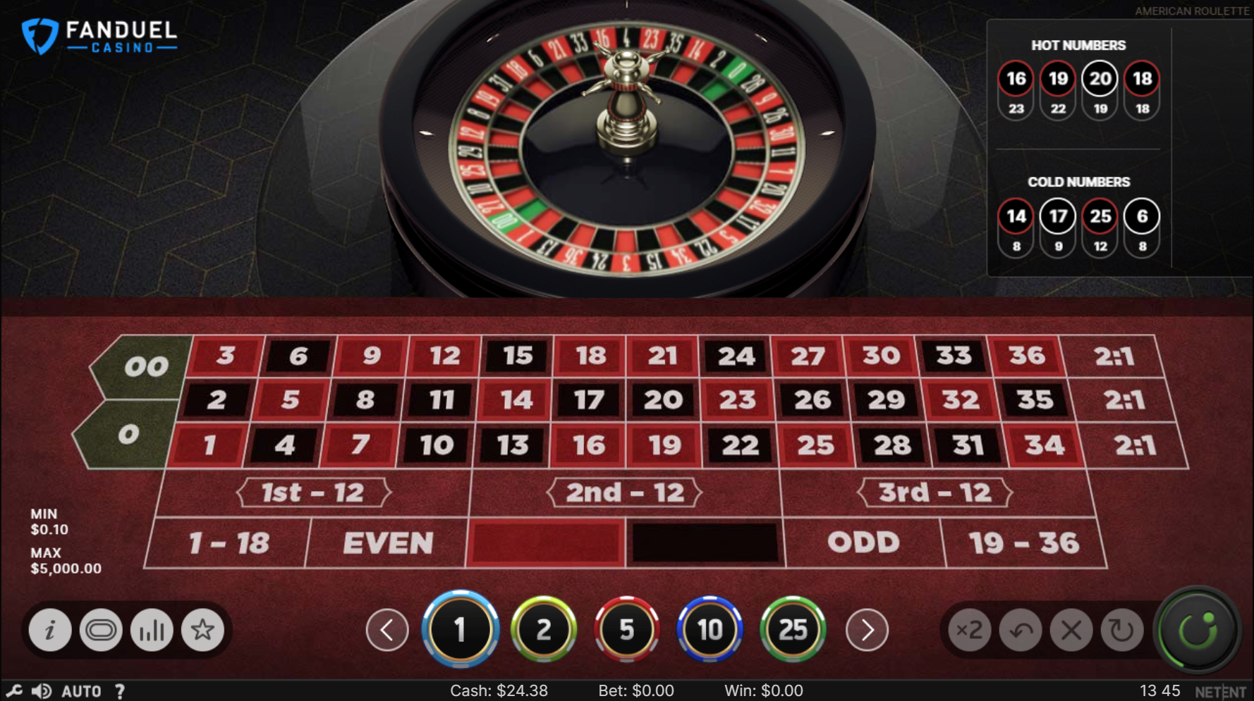 American Roulette game at FanDuel Casino