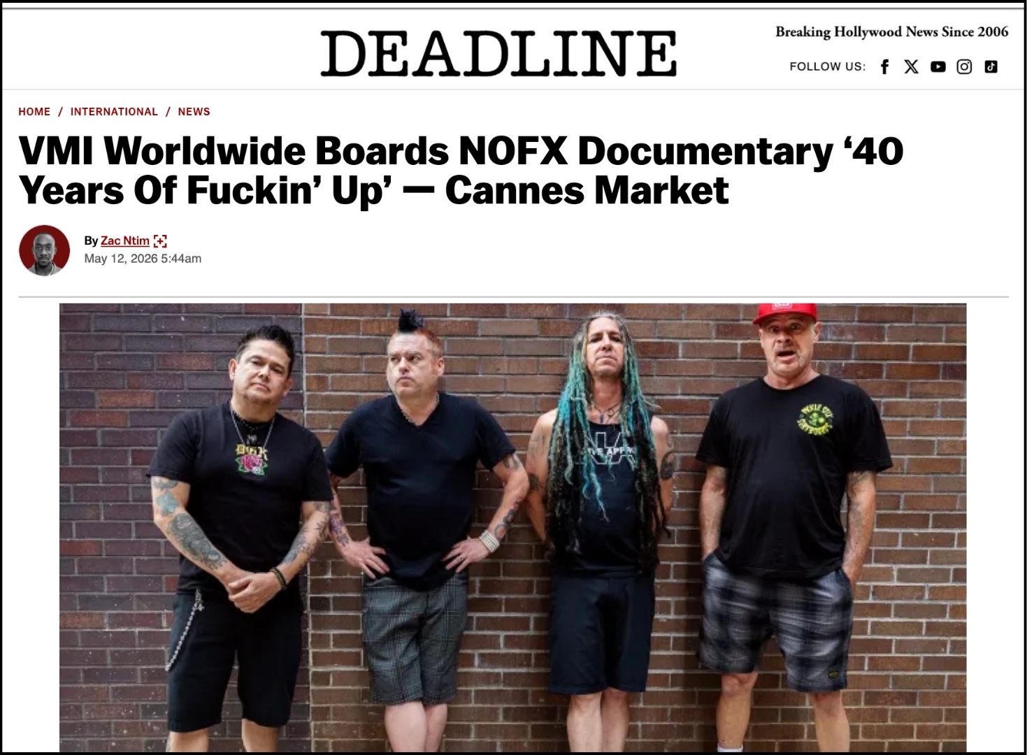 VMI Worldwide Boards NOFX Documentary ‘40 Years Of Fuckin’ Up’ — Cannes Market