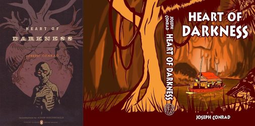 a book cover of Heart of Darkness shows a scene deep in the jungle painted in cartoon style and on the left a cadaverous figure represents Kertz.