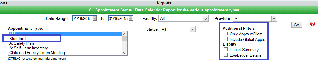 C - Appointment Report filter options