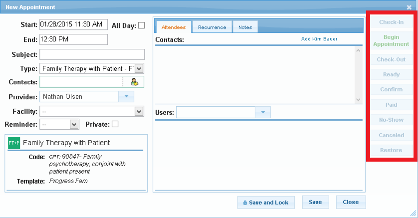 Appointment window with status buttons on right