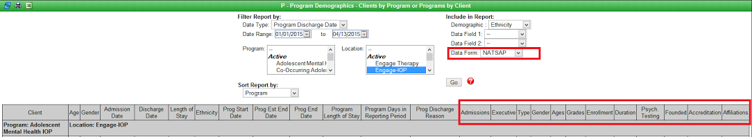 P - Program Demographics report filter options