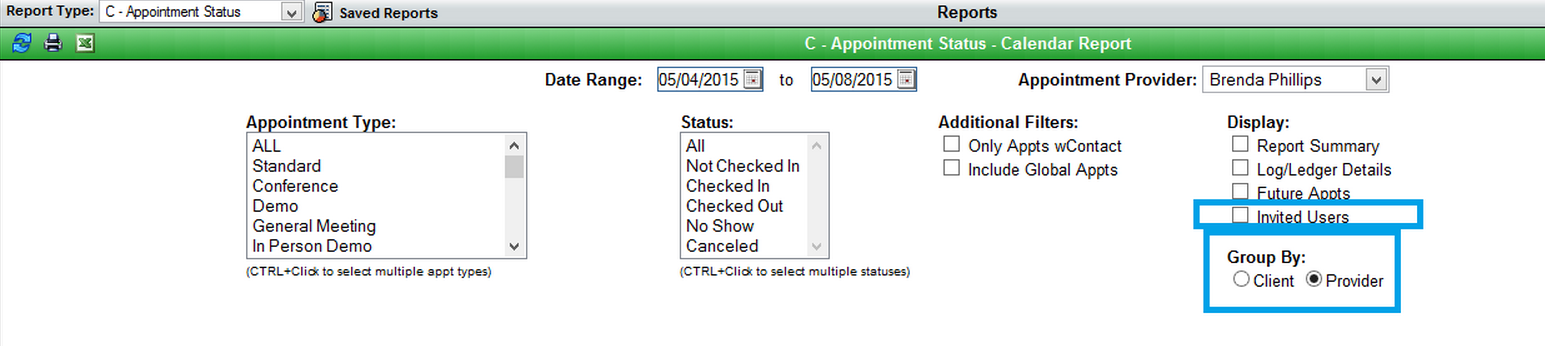C-Appointment Status Report filter options