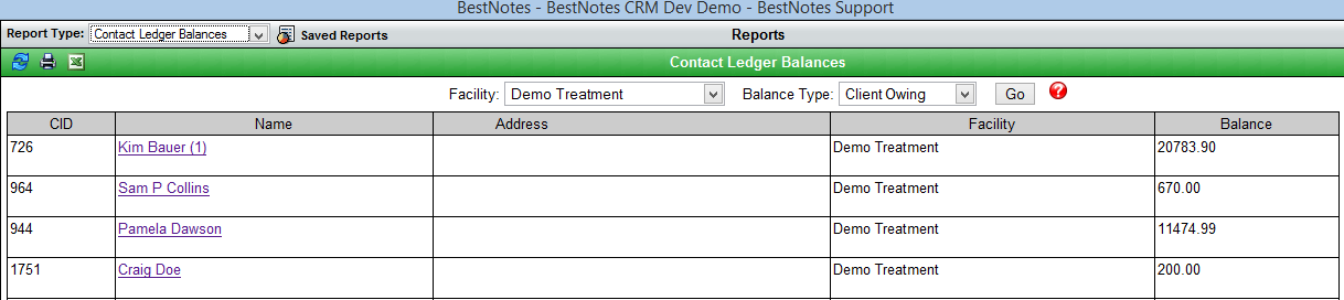 Contact Ledger Balances Report filter options