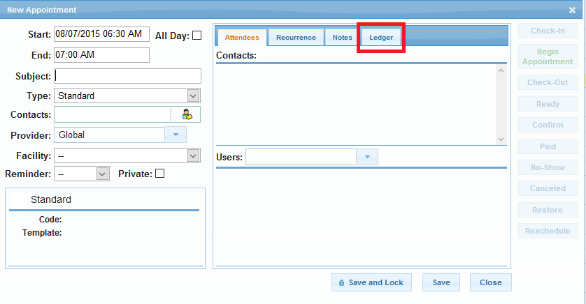 Calendar Appointment dialog with Ledger tab