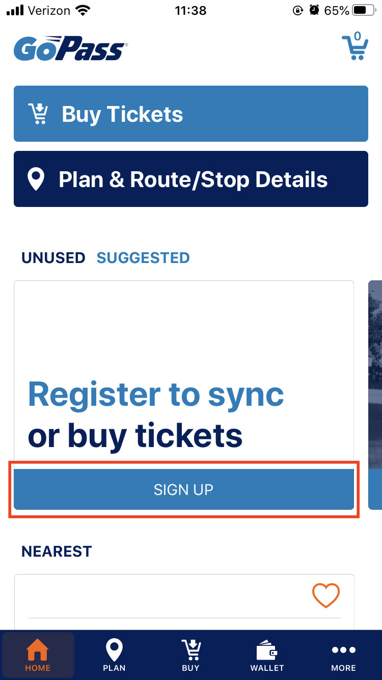 Home Page - GoPass Mobile App - "Sign Up" button is highlighted