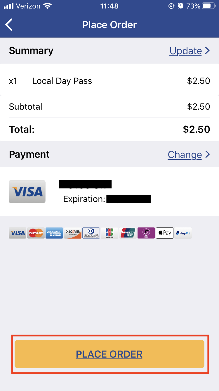 Place Order Page - Cap Metro App