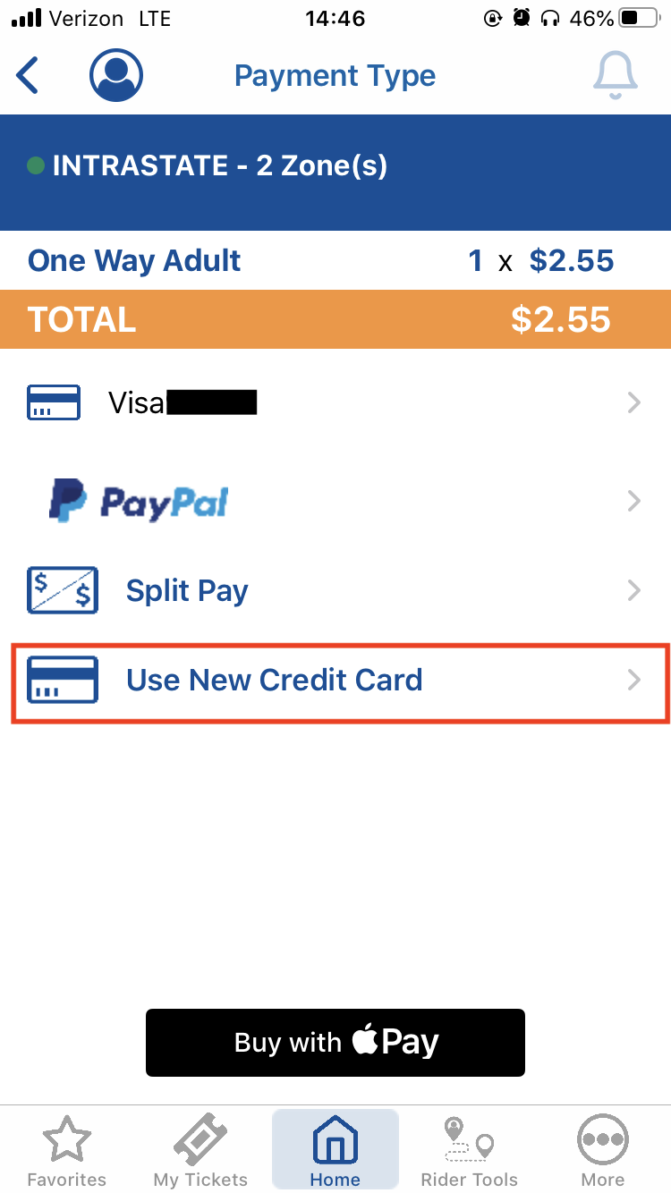 Payment Type Page - NJTransit App