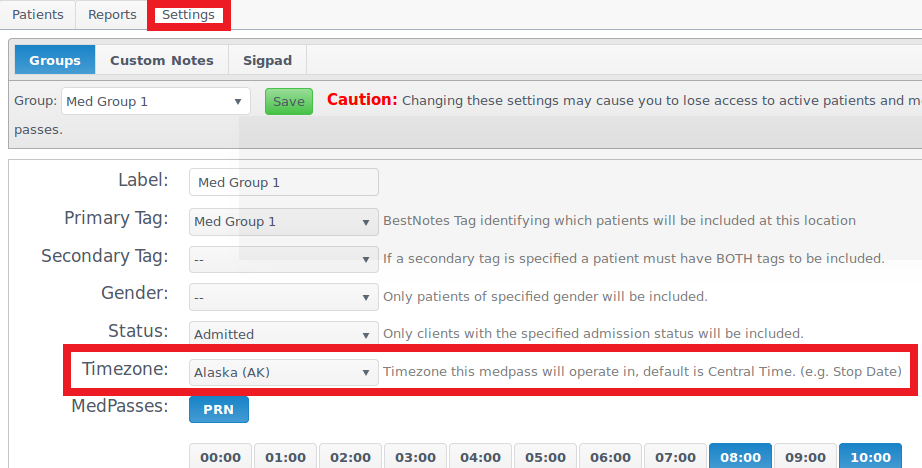 eMAR Group Settings Time Zone