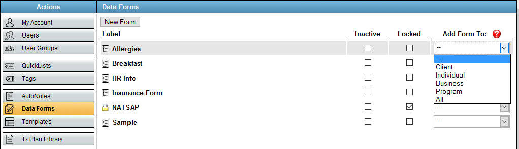 Add data form to contact type setting