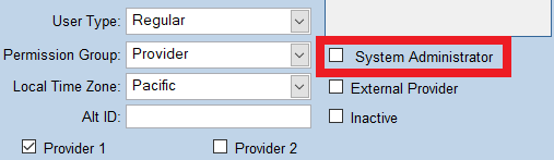 User type and system administrator checkbox
