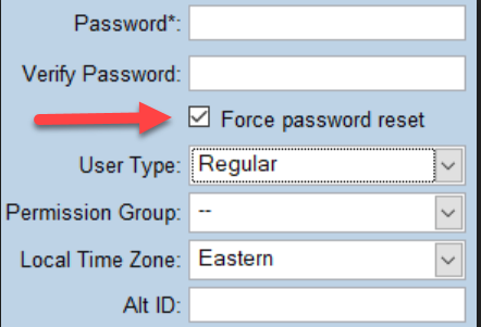 User settings force password reset checkbox