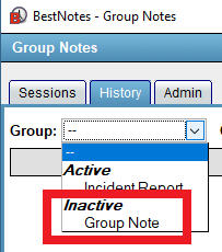 Group notes history tab dropdown