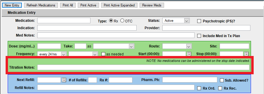 Edit Med screen with titration notes