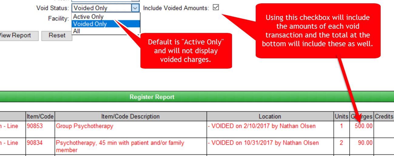 Register / Ledger Report with voided transactions