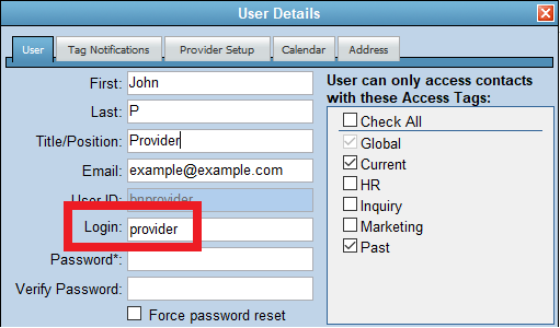 User settings login field