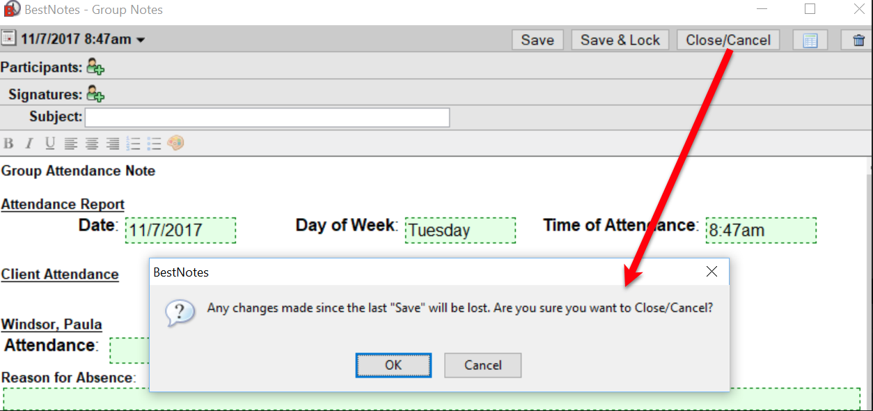 Group note close and cancel notification