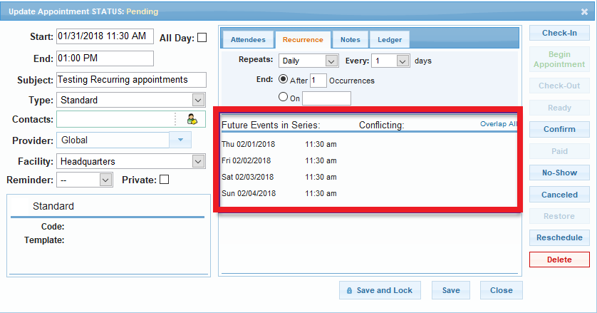 Calendar recurrence tab