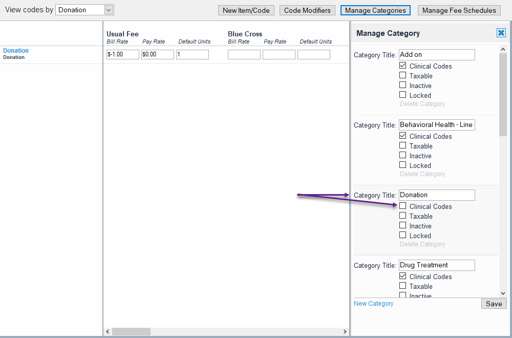 Ledger category management showing inactive option