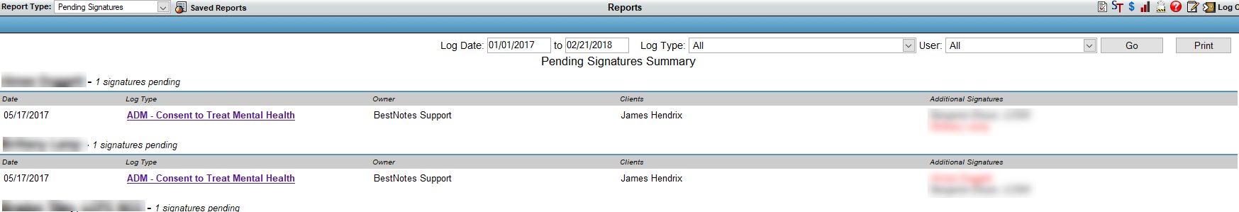 Pending signatures report with Log Type link