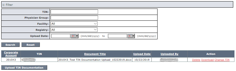 Physician Group TIN Documenation Table with Action Links