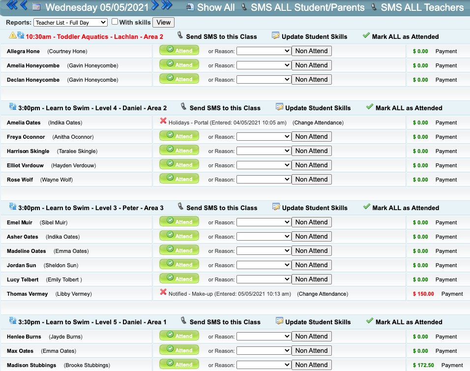 Marking Daily Attendance and Printing Rolls SimplySwim