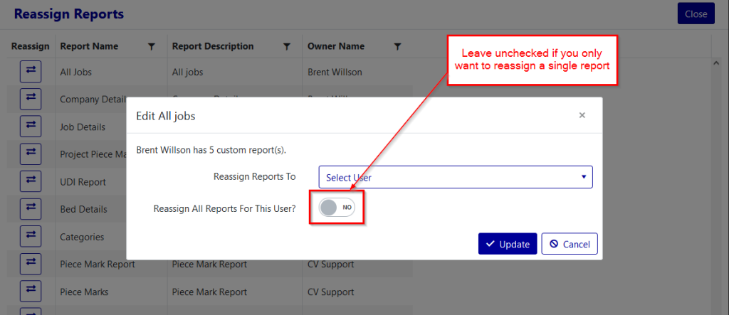 Reassign Reports Dialog
