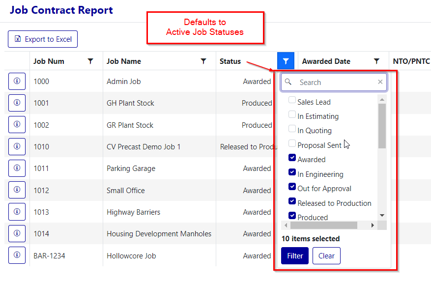 Job Contracts Active Job Statuses