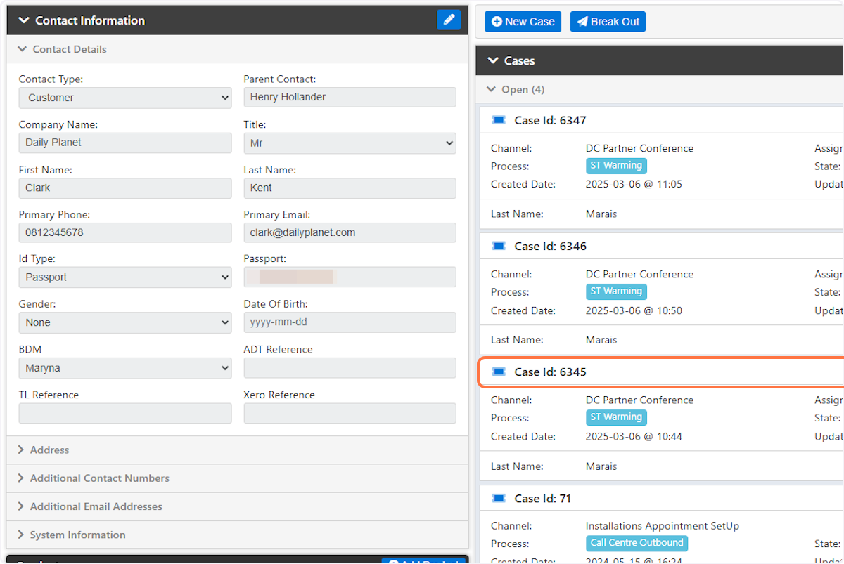 You can click on an existing Case if you want to contact the customer about this specific Case. Alternatively you can create a new Case.