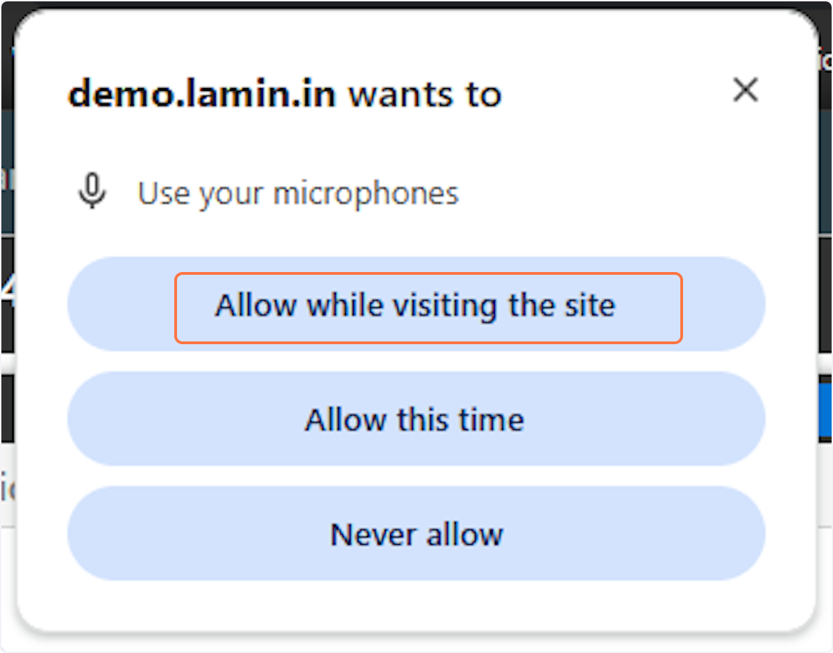 The first time a call is made you will need to allow Laminin access to use your microphone. Click on "Allow while visiting the site".