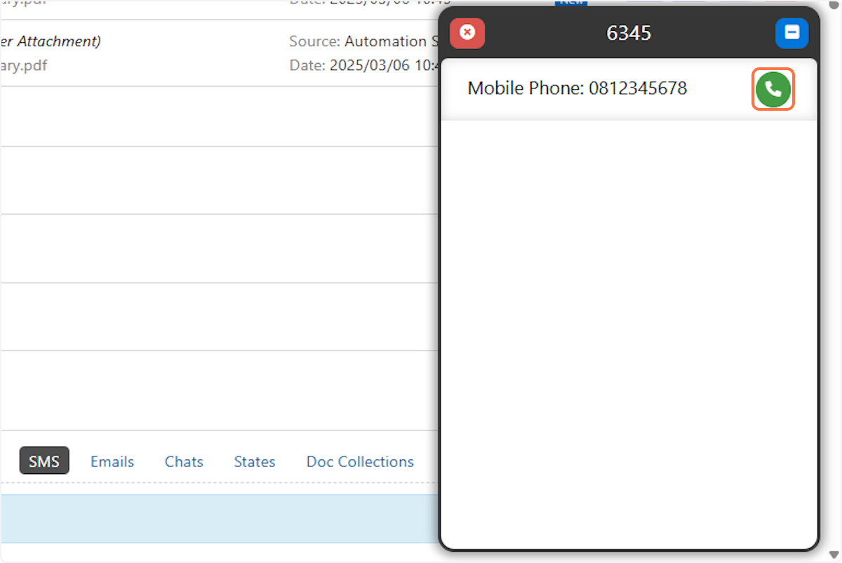 This will open up the phone interface in the bottom right corner. Click on the green call button to start the call.