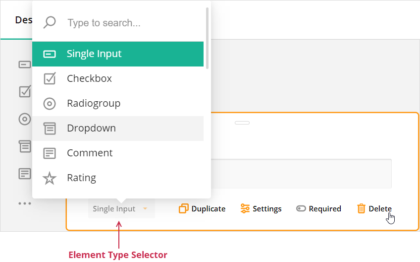 Survey Creator - Element type selector