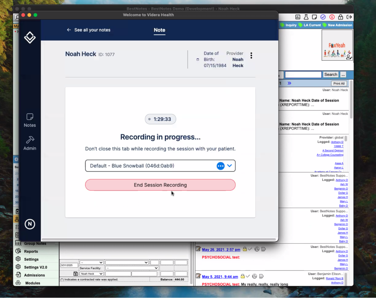 Videra Sidekick recording interface with microphone selection dropdown.