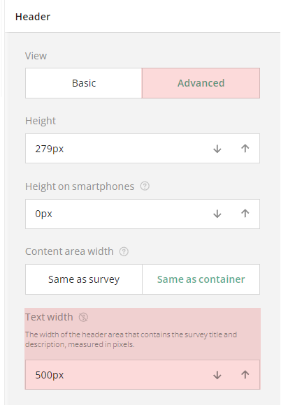 Advanced survey header settings: Header area text width