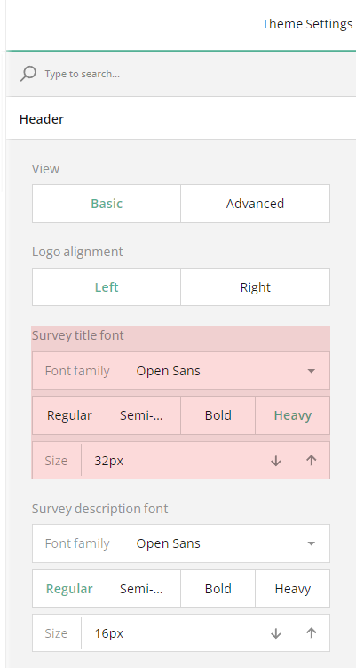 Basic survey header settings: Survey title font