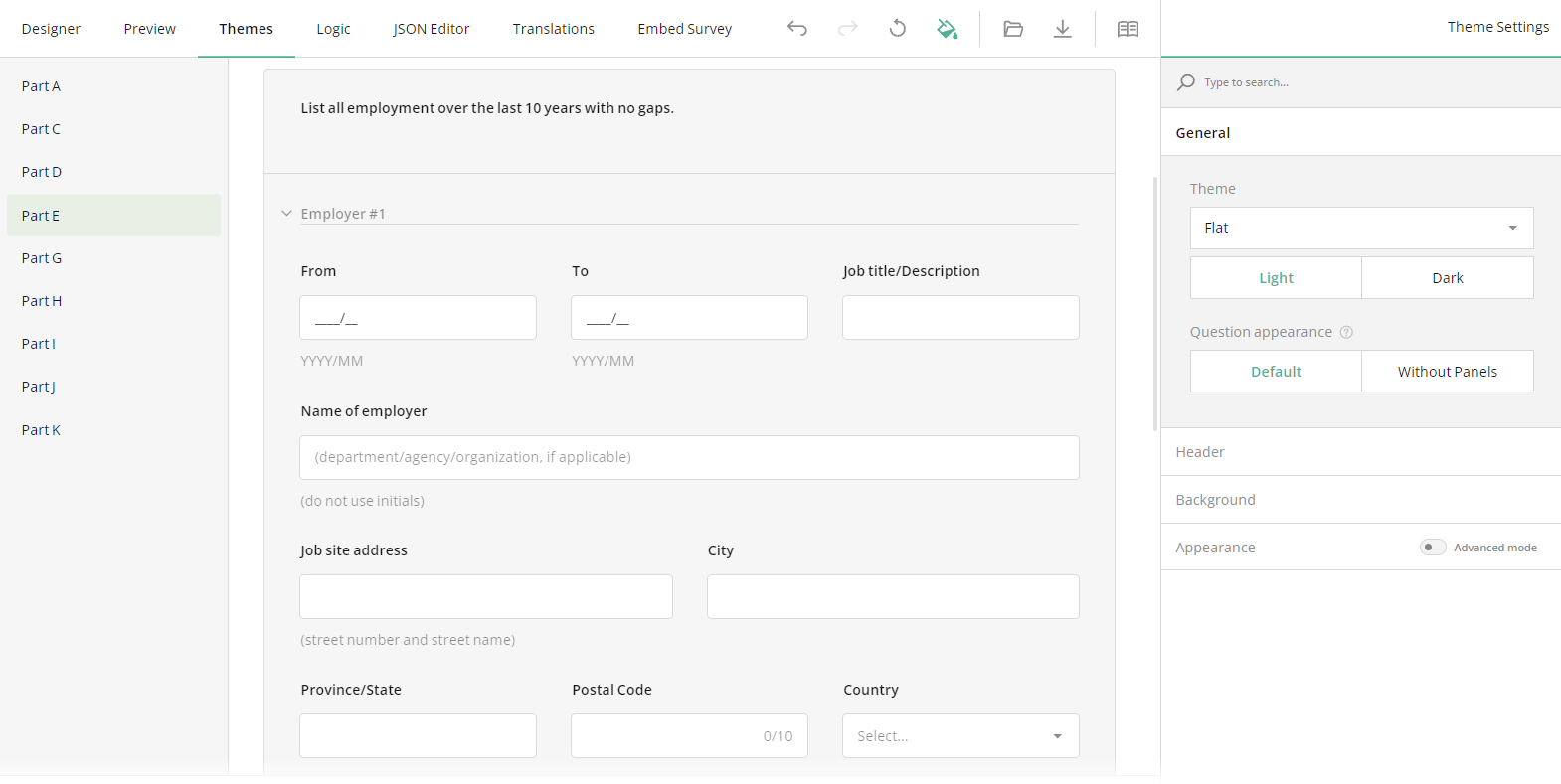 Survey elements grouped within a panel