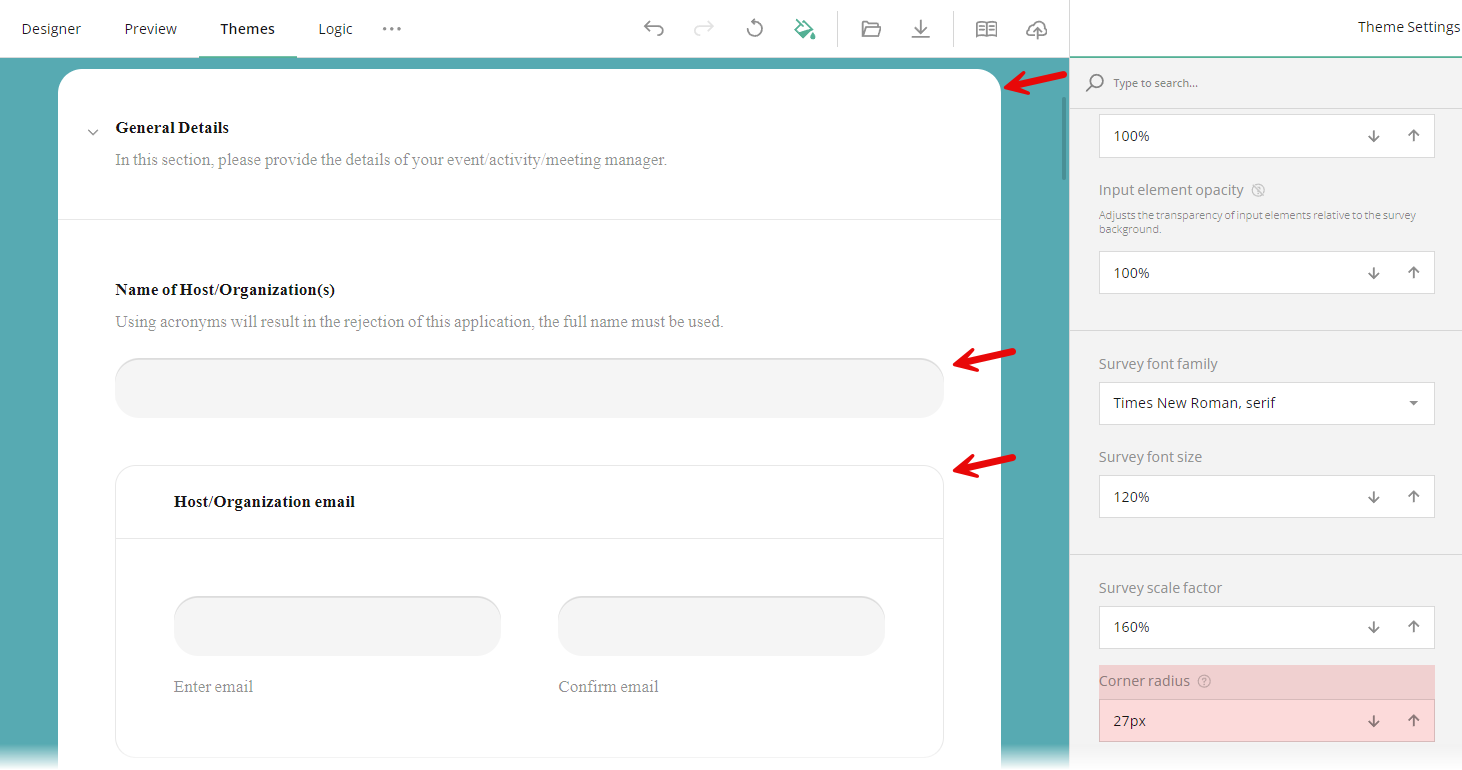 Set a common corner radius for rectangular survey elements