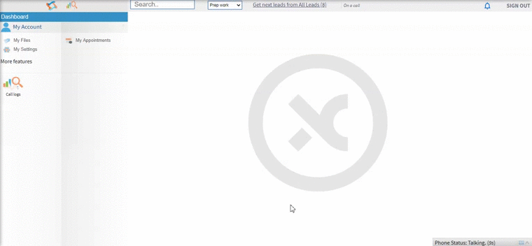 Animated screen recording of the Readymode dialer showing a user opening the Dial Pad and clicking the End Call button to manually disconnect