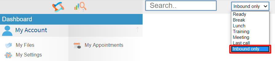 Readymode dashboard showing the Availability Mode dropdown menu open, with Inbound only selected to prevent the Dialer from activating.