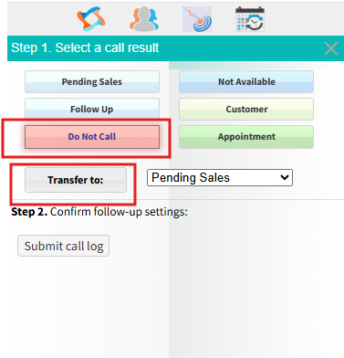 “Screenshot of a Readymode Call Result screen highlighting the ‘Do Not Call’ disposition option and the transfer dropdown used to route the lead after logging the call.