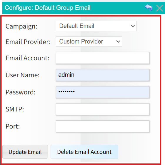 The Configure: Default Group Email settings window in Readymode.