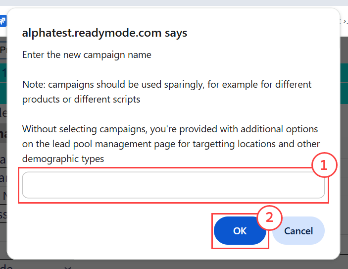 A pop-up dialog in Readymode from alphatest.readymode.com displaying instructions to “Enter the new campaign name.”