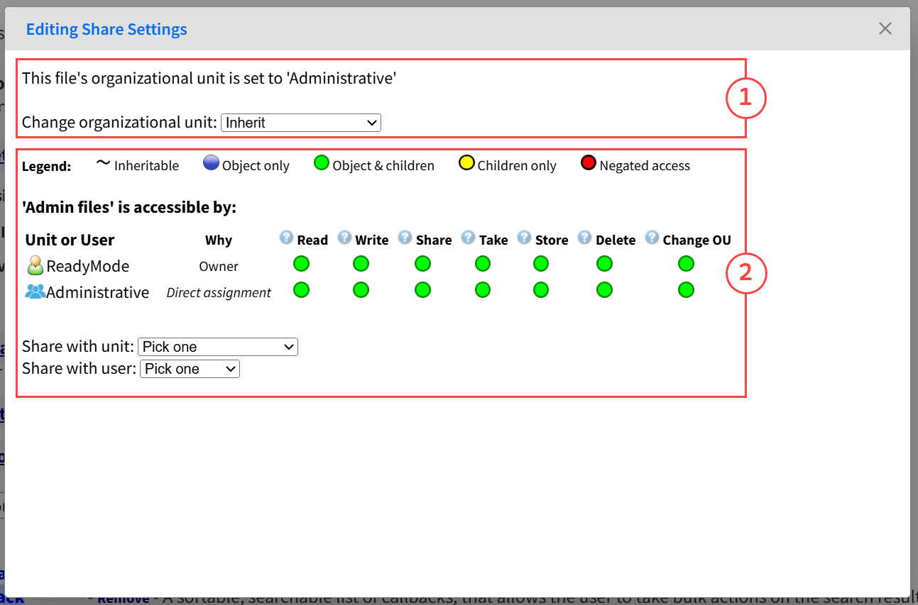 A screenshot of the “Editing Share Settings” window in Readymode.